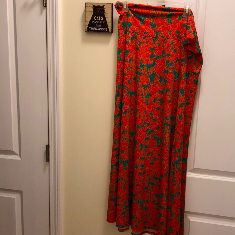 LulaRoe Maxi Skirt Floral Pink Green Stretch Waist  Long Comfy Women’s Size XL